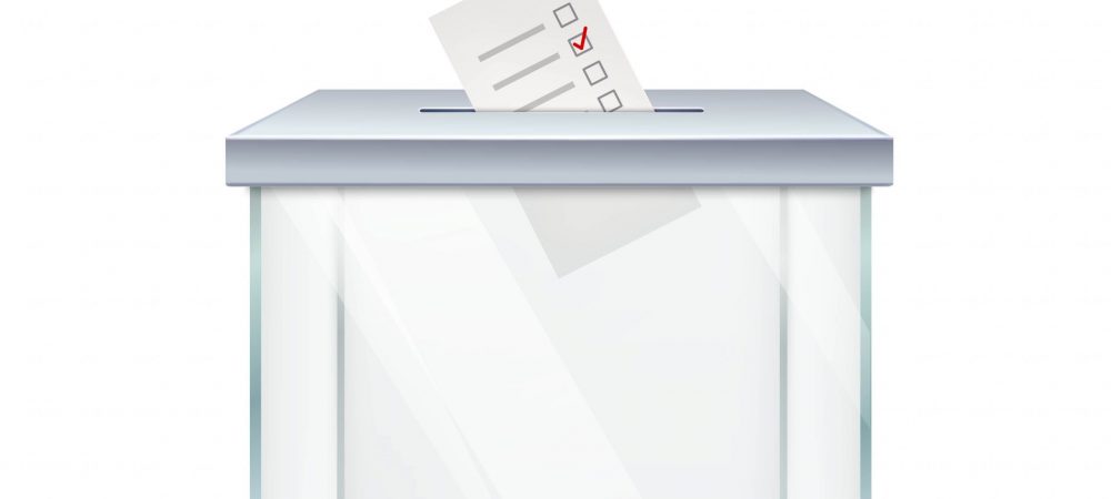 Realistic empty transparent ballot box with marked ballot in hole on white background isolated vector illustration