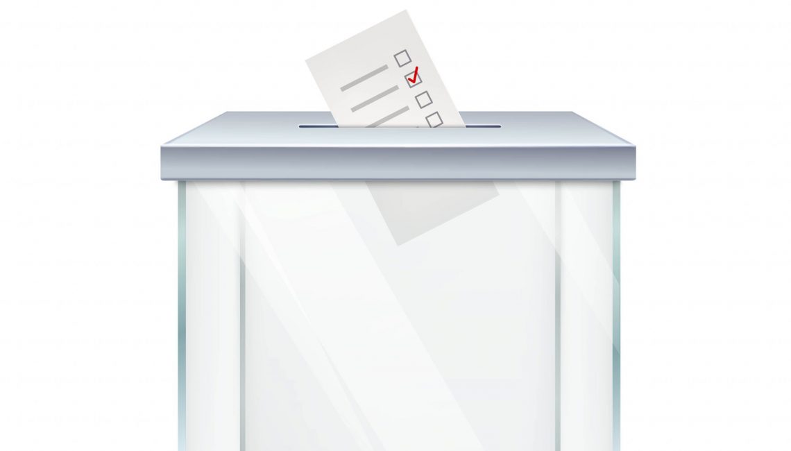 Realistic empty transparent ballot box with marked ballot in hole on white background isolated vector illustration